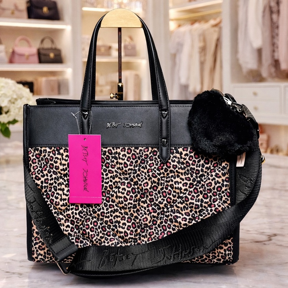 Betsey Johnson XOBECA Tote Quilted Leopard Black Crossbody Strap Heart Bag Charm
